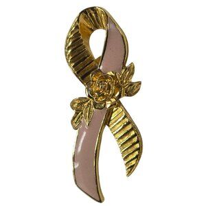 Vintage Avon Pink Ribbon Gold-Tone Rose Brooch Awareness Lapel Pin